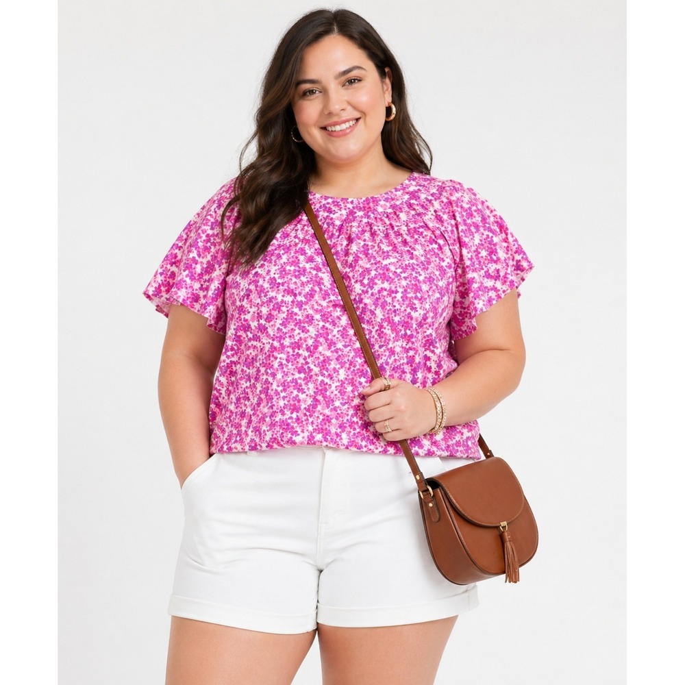 Womens Pink Floral Short Sleeve Blouse Crew Neck Keyhole Back Top 1X 2X 3X